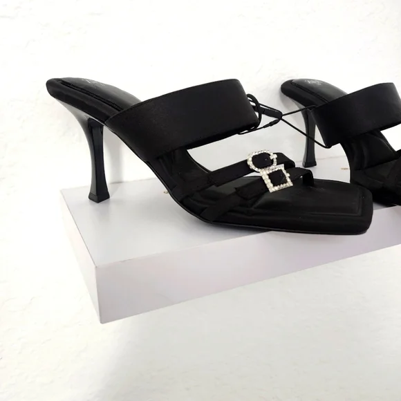 Zara Women's New, Heeled Black Mule Sandals With Rhinestone Buckles.  Size US 8 - Picture 5 of 11